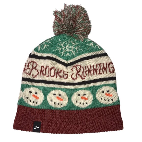 BROOKS Running Beanie Winter Hat with Pom Pom.  Snowman Faces. Knit.  Christmas - Picture 5 of 7